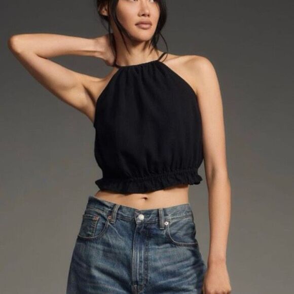 Anthropologie Pilcro Black Linen Blend Cropped Halter Top NWT Size Extra Large - Picture 1 of 8